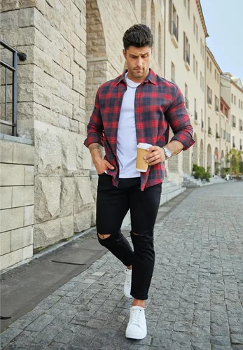 Vista 3 de JMIERR - Camisas de manga larga con botones para hombre, camisa informal de franela de algodón