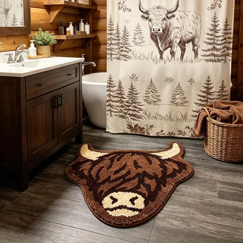 Vista 3 de Percozzi Highland - Alfombra de baño con diseño de vaca occidental