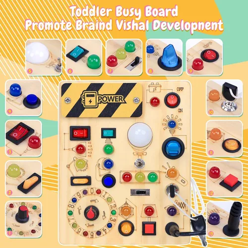 Vista 2 de Tablero de actividades con interruptores de luz LED, juguetes Montessori para niños de 1, 2, 3 años, tablero de actividades sensoriales de madera