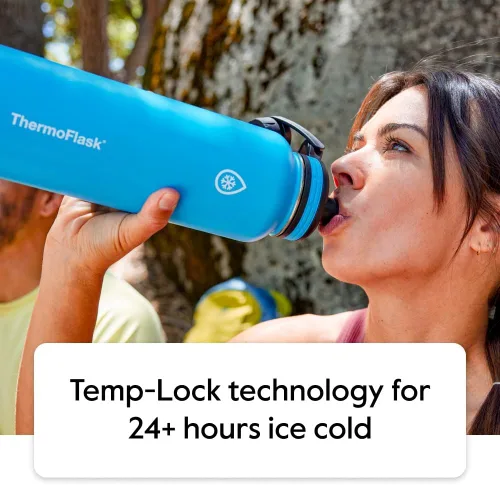 Vista 2 de Thermoflask - Botella de agua de acero inoxidable con doble aislamiento y dos tapas, 18 onzas, negro