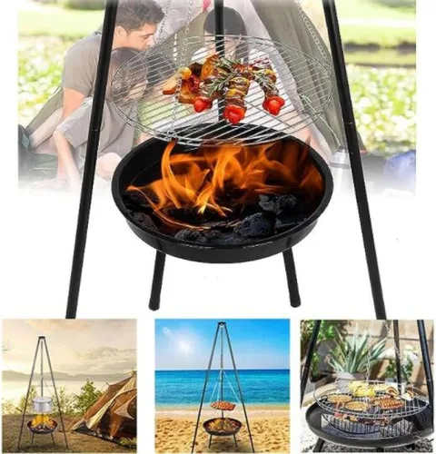 Vista 8 de Parrilla portátil para fogatas, trípode colgante de altura ajustable para exteriores, equipo de cocina de fogata, parrilla de fuego resistente