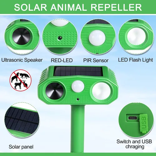Vista 3 de Qualirey 4 unidades 2025 repelente solar ultrasónico de animales para exteriores, gatos, ardillas, conejos, ciervos, dispositivos repelentes