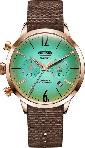 Vista 2 de WELDER Moody Brown - Reloj reversible de nailon en tono dorado rosa con fecha, 1.496 in, Marrón