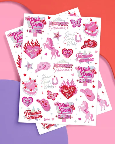 Vista 2 de xo, Fetti Pink Pony Club - Tatuajes temporales – 54 piezas de papel de aluminio iridiscente Fiesta de despedida de soltera de vaquera, recuerdos