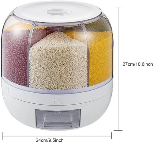 Vista 7 de Dispensador de cereales giratorio para encimera, recipientes de grano con 6 compartimentos, ideal para almacenamiento de lentejas, arroz, frijoles