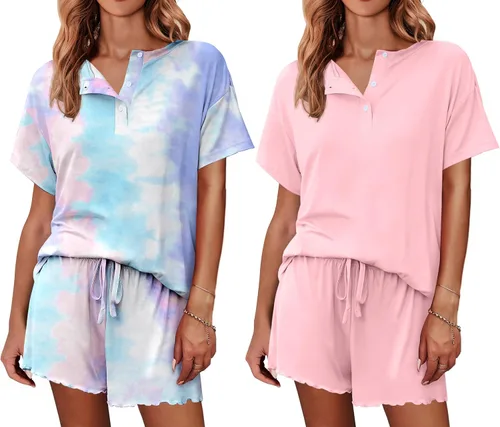 Vista 25 de Ekouaer Conjunto de pijamas teñidos con técnica tie dye para mujer, ropa de dormir, 2 piezas, conjuntos de pijamas, ropa de relajación A-tie Dye