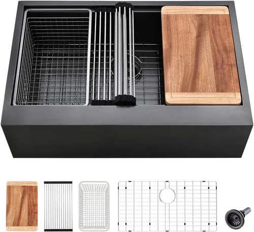 Vista 11 de Fregadero negro de 24 pulgadas para casa de campo, fregadero de cocina de 24 x 22 pulgadas con delantal frontal, acero inoxidable de calibre 16