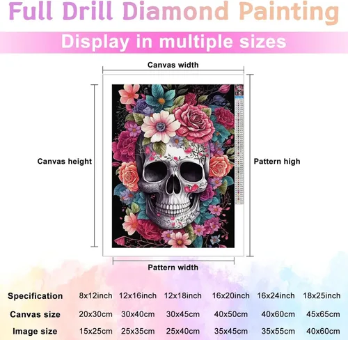 Vista 5 de Kit de pinturas de diamantes 5D por números, pintura de cráneo con arte de diamantes, lienzo de diamante completo para decoración de pared