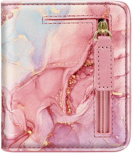 Vista 24 de Cartera pequeña con bloqueo RFID para mujer, con bolsillo plegable y compacto, lindo soporte para tarjetas de crédito, ranura para monedas, monedero