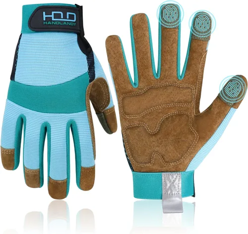 Vista 12 de HANDLANDY Guantes de trabajo para mujer, guantes de jardinería de cuero transpirable para mantenimiento de patio, protección de manos con pantalla