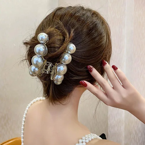 Vista 4 de Pinzas de pelo con perlas de sujeción fuerte para mujer, pinzas antideslizantes de plátano champán para peinado grueso y fino y uso diario