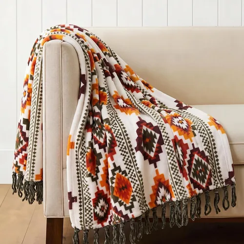 Vista 13 de CASAAGUSTO Manta Boho - Mantas Decorativas Beige y Gris con Borla, Manta Bohemia de Franela Estampada para Silla, Cama, Sofá, Sillón