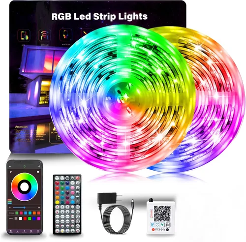 Vista 9 de NBBUFF Luces LED para dormitorio de 50 pies, tira de luces LED RGB con sincronización de música, tira de luz LED que cambia de color con control