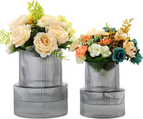 Vista 13 de Jarrones de vidrio acanalado, juego de 2 jarrones estriados para flores, florero de vidrio ámbar para tulipanes, jarrón moderno para sala de estar