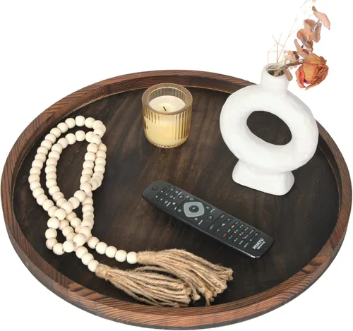 Vista 7 de Gurfuy Bandeja de madera rústica de 20 pulgadas para servir – Bandeja redonda extragrande para mesa de café decorativa de granja de gran