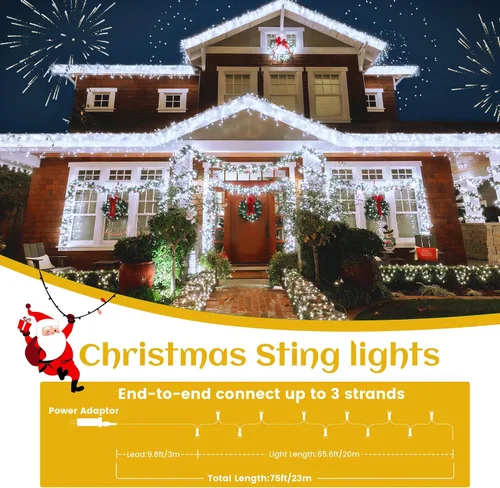 Vista 5 de Luces de Navidad de Cadena para Interiores y Exteriores con Alambre Transparente, 200 LED 66 Pies Enchufables, Luces de Navidad Blancas