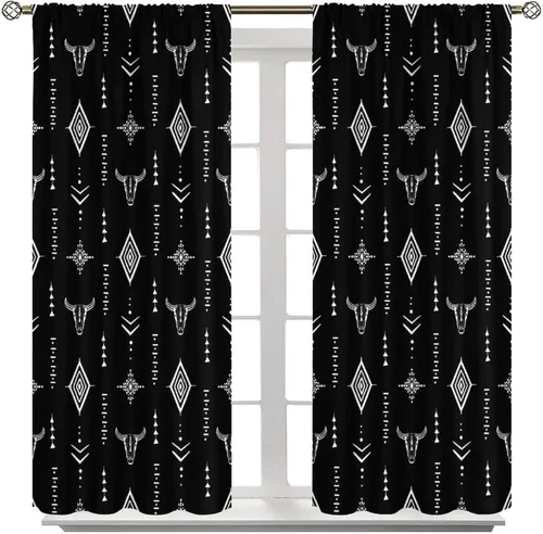 Vista 357 de Cortinas con patrón geométrico tribal, estilo suroeste, azteca, rústico, occidental, nativo americano, opacas, con bolsillo para barra, decoración