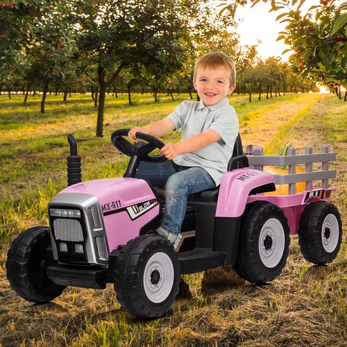 Vista 2 de Tractor eléctrico Nasitip de 12 V con remolque y control remoto Rosa