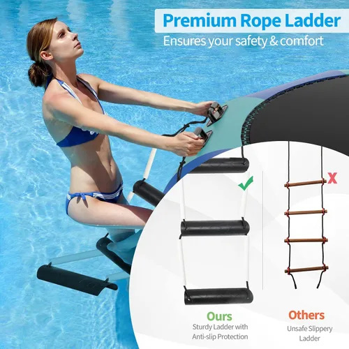 Vista 6 de Goplus - Trampolín inflable de agua de 10 pies, 12 pies, 15 pies, rebotador acuático recreativo con inflador eléctrico, escalera de cuerda, cuerdas