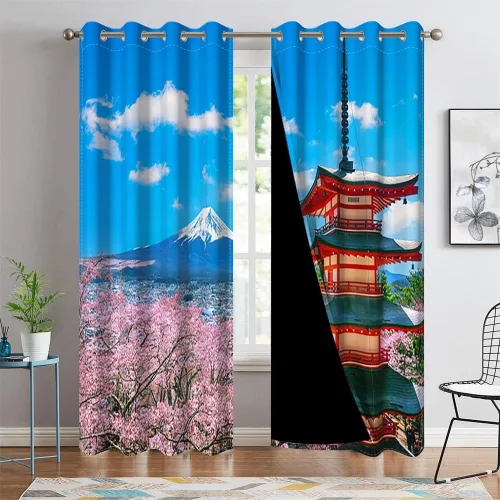 Vista 54 de Cortinas japonesas con pintura de tinta, monte Fuji, sol rojo, puesta de sol, hojas de bambú, cortinas de ventana para dormitorio, sala de estar