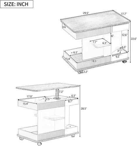 Vista 2 de Moderna mesa auxiliar ajustable con ruedas, mesa auxiliar multifuncional para sofá con elevador, parte superior giratoria de 360° y espacio