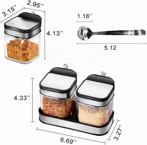 Vista 2 de Contenedor de especias para condimentos con tapas y cucharas de acero inoxidable 304, recipientes de vidrio transparente para condimentos