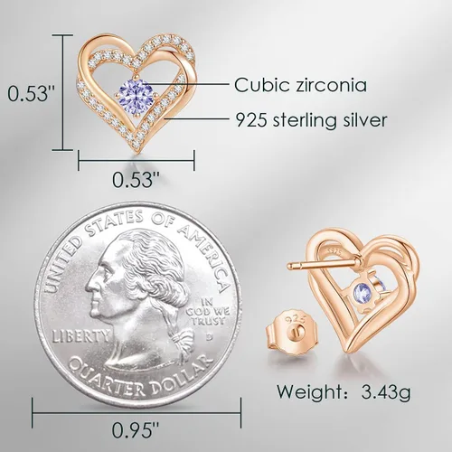 Vista 5 de Aretes CDE Forever Love Heart de plata de ley 925, chapados en oro rosa, con piedra de nacimiento de diciembre, circonita cúbica de calidad 5 A