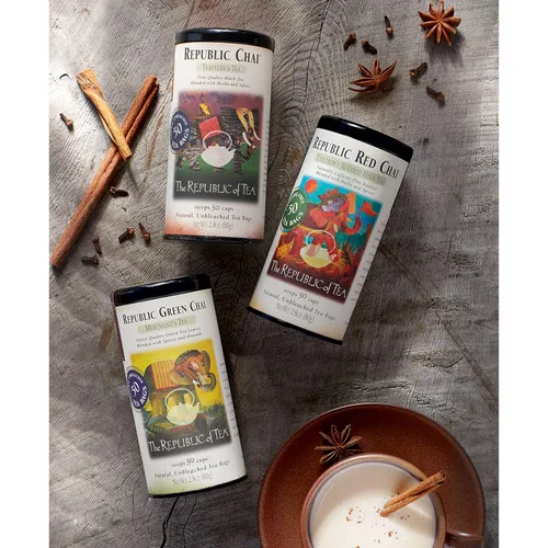 Vista 6 de The Republic of Tea - Té negro chai, lata de 50 bolsitas de té Made for morning or afternoon. Brisk and full-bodied with notes of warming ginger