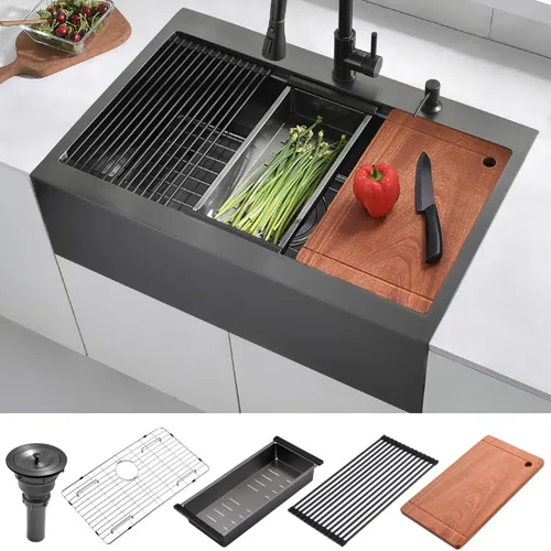 Vista 10 de Luckyhorse LH008SZ - Fregadero de cocina negro de 28 x 22 pulgadas con caída en la parte superior, estación de trabajo, fregadero de cocina