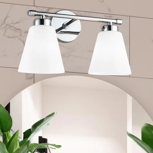 Vista 3 de Hamilyeah Lámpara de tocador moderna de cromo para baño sobre espejo, lámpara de tocador de 2 luces con pantalla de vidrio esmerilado, lámpara