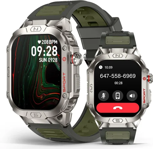 Vista 9 de Reloj inteligente militar para hombre, reloj inteligente deportivo al aire libre de 2.02 pulgadas con linterna, frecuencia cardíaca, oxígeno y Negro