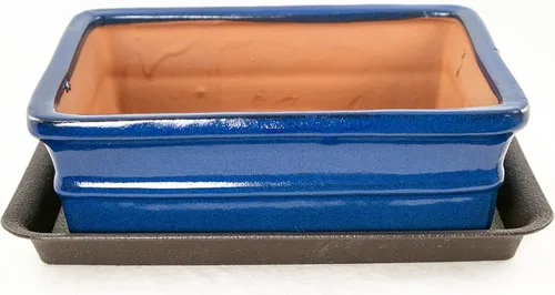 Vista 2 de Maceta rectangular para bonsái, cactus y suculentas, 10 x 8 x 3.25 pulgadas + bandeja + malla, esmaltada azul oscuro