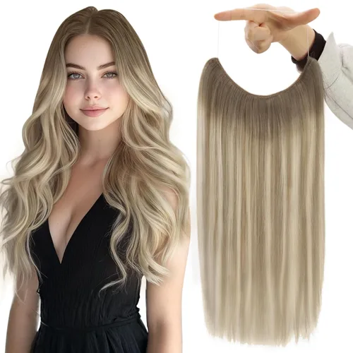 Vista 34 de Fshine - Extensiones de cabello con hilo invisible de 12 pulgadas, color rubio ceniza con reflejos de rubio decolorado, pieza de cabello humano real