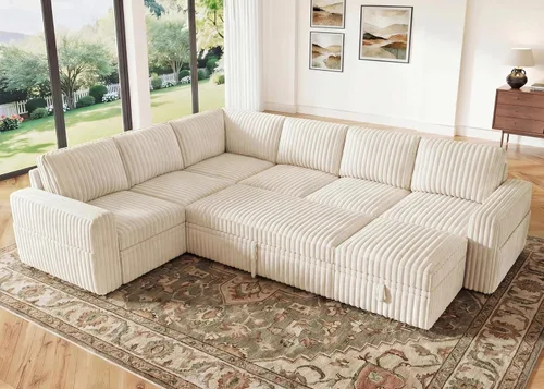 Vista 20 de HONBAY Sofá cama modular extraíble, sofá biplaza de pana, sofás para sala de estar, beige