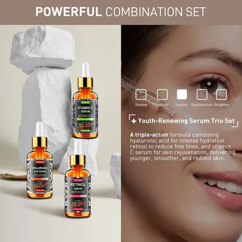 Vista 2 de Juego de 3 sueros faciales – Incluye vitamina C, retinol y ácido hialurónico – Reafirmante, ilumina e hidrata – Restablece tu piel día y noche