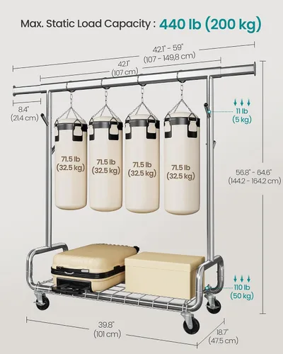 Vista 5 de SONGMICS Perchero de Ropa, Perchero de Ropa Rodante de Servicio Pesado con Ruedas, Barra Colgante Extensible y Altura Ajustable, Portátil, con Plata