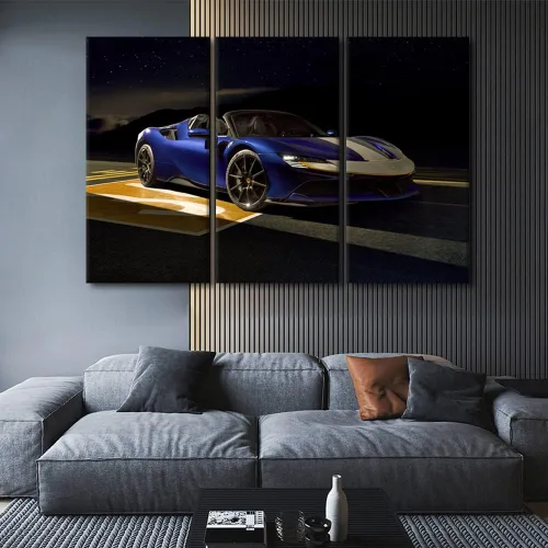 Vista 32 de Arte de pared de auto deportivo rojo para sala de estar, arte de pared de lienzo de súper auto genial, imágenes pósters, 3 piezas, arte moderno