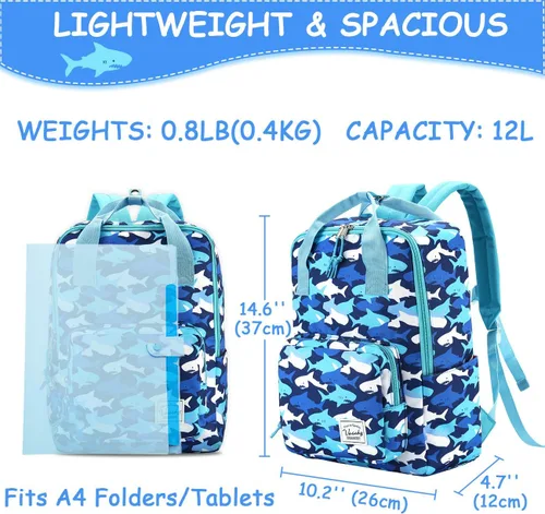 Vista 2 de VASCHY - Mochila para niños y niñas de 3 a 6 años, mochila preescolar ligera para niños con correa para el pecho Tiburones azules