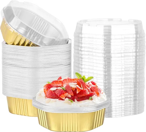 Vista 34 de Beasea Tazas desechables para hornear con tapas, juego de 50 unidades, 13.5 oz 400 ml, ramekins de aluminio con tapa de papel de aluminio, moldes