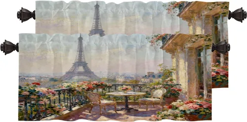 Vista 120 de Cortinas opacas de cocina con pintura al óleo de Europa rosa y negra para ventanas, cenefas opacas modernas de torre Eiffel de poliéster multicapa