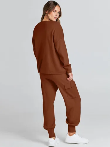 Vista 4 de Caracilia Conjunto de dos piezas para mujer, suéter de punto de manga larga y pantalones deportivos tipo cargo