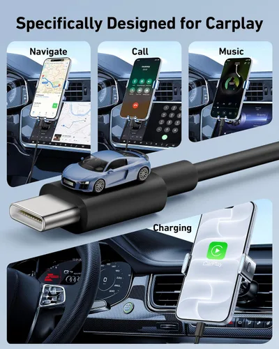 Vista 3 de Cable Carplay de coche para iPhone 18/18 Pro Max/17/16/15 Pro Max Cable cargador Negro