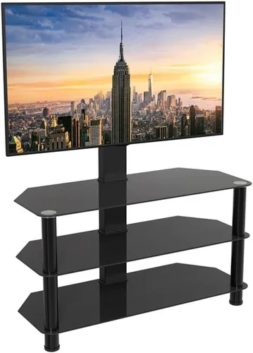 Vista 6 de AVF Soporte de TV de vidrio negro con soporte para televisores de hasta 60 pulgadas, soporte de TV de piso de acero y centro de entretenimiento