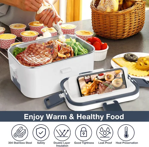 Vista 2 de hatisan Fiambrera eléctrica, calentador de alimentos portátil, lonchera térmica, contenedor de almuerzo calentador para adultos, 60 W, 1.8 L, 12