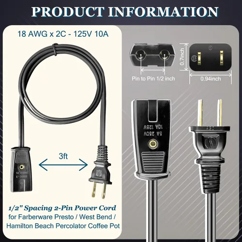 Vista 3 de HASMX Percolator - Cable de alimentación de 36 pulgadas para urna de café West Bend 58030 58012, pieza de repuesto, cable de 2 pines, color negro, 3