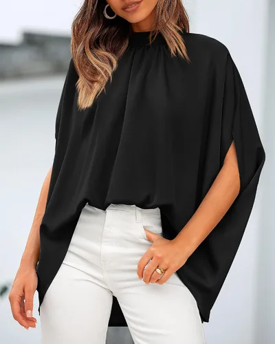Vista 140 de BTFBM Blusas de verano para mujer, cuello alto falso, manga murciélago, holgadas, dobladillo alto y bajo, blusas informales de gran