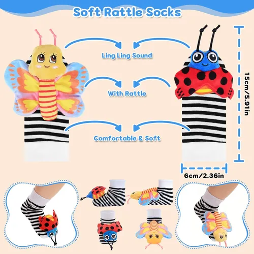 Vista 5 de Juguetes para bebés de 0 a 6 meses - Sonajeros de muñeca y calcetines con sonajero para pies y localizador de pies para bebés recién nacidos, niños