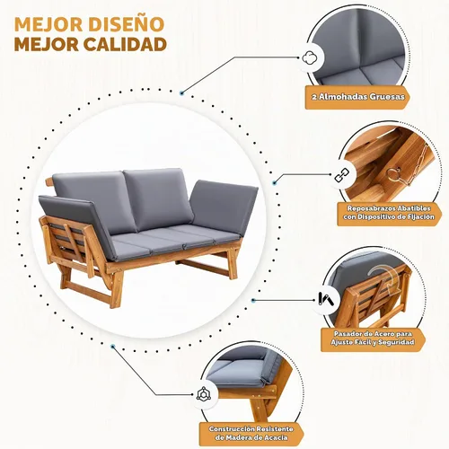 Vista 7 de Greesum - Sofá cama convertible para patio con reposabrazos ajustables, cama de día de madera de acacia para exteriores con cojín y almohada, banco
