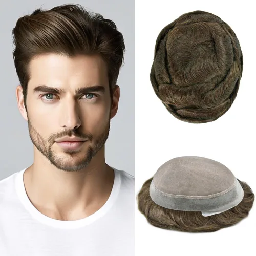 Vista 77 de Toupee para hombres Piezas de pelo fino mono para hombre Toupee sistema de reemplazo de pelo para hombres línea capilar natural para hombre postizo