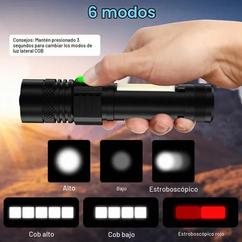 Vista 3 de Linterna recargable por USB, linternas magnéticas LED, linternas tácticas súper brillantes con luz lateral mazorca, impermeable, zoomable, 6 modos